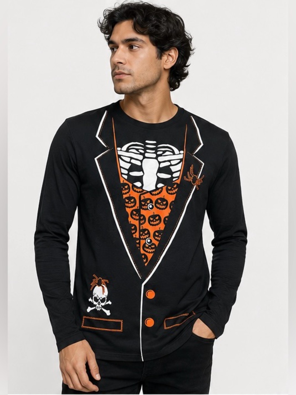 Denim & Flower Halloween Tuxedo Cardigan Tee
Men's Medium Black Skeleton Pumpkin